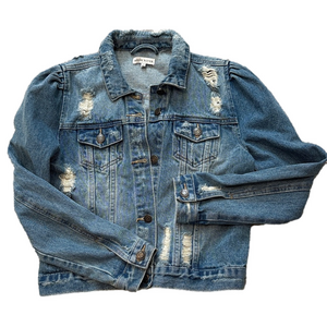 Moon River Distressed Puff Sleeve Denim Jacket Sz S
